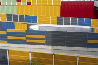 Colourful noise barriers on the A52 motorway, at the Essen-Rüttenscheid junction, the noise