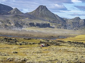 Skafta river and Uxatindar mountain range, camper van on road F206, Laki tourist road, Iceland,