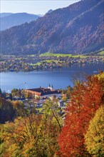 Panorama of the village and lake with the monastery castle in autumn, Tegernsee, Tegernsee,