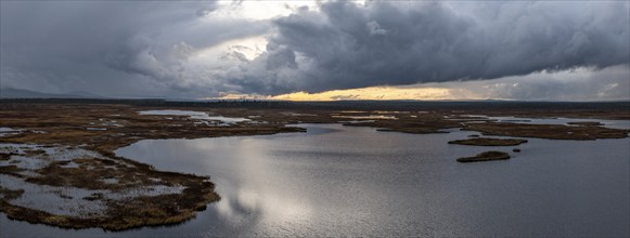 Sunset, drone shot, aerial view, lakes, moor landscape, Lapland, Finland, Europe