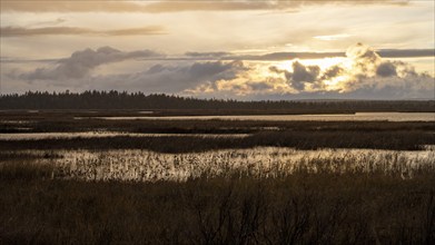 Sunset, lakes and moorland, Lapland, Finland, Europe