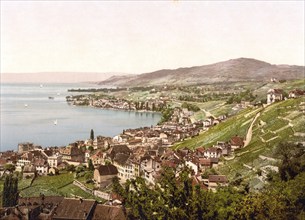 Montreux and Clarens, Geneva Lake, Switzerland, Historic, digitally restored reproduction from a