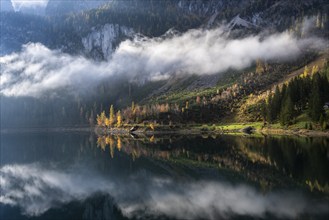 The Vordere Gosausee in autumn with a view of the Gosaukamm. Trees in autumn leaves, yellow larches