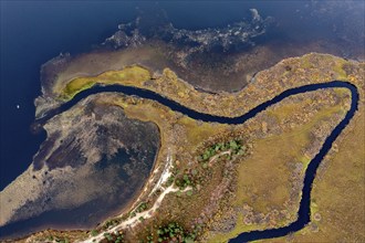 River bend, meander, drone shot, aerial view, wetland, bog in autumn, Lapland, Finland, Europe