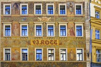 Colorful facade of Rott Hotel and Hard Rock Cafe, Prague, Bohemia, Czech Republic, Europe