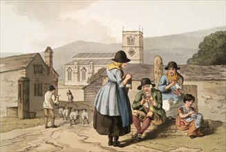 Scene from everyday life in England around 1810, woman knitting together in the village square,