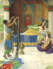 An oriental scene with a woman resting on a bed, a servant holding a robe, and another woman