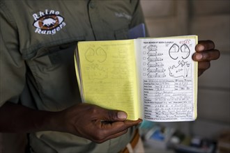 A ranger of the Rhino Rangers shows the data sheet of a rhino sighting, black rhino (Diceros