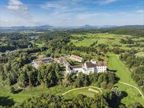 Aerial view of Langenstein Castle near Eigeltingen with surrounding golf course, the Hegau