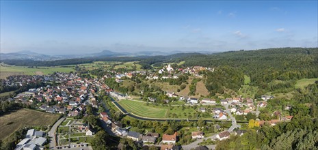 Aerial view, panorama of the town of Aach in Hegau, with the Radolfzeller Aach, which flows into