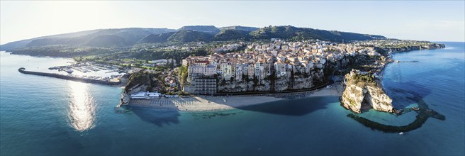 Panorama of Tropea from a drone, Tyrrhenian Sea, Calabria, Italy, Europe