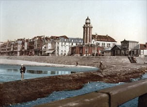 Lighthouse and hotels on the beach, Blankenberghe, Blankenberge, Belgium, ca 1895, Historical,