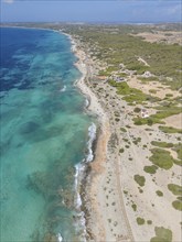 Aerial view of the beach walk at Platja Es Arenals, Playa Migjorn, Formentera, Balearic Islands,