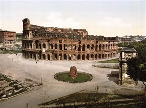 The Colosseum and Meta Sudans, Rome, Italy, Historic, digitally restored reproduction from a 19th