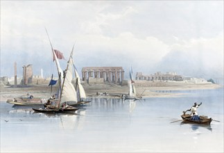 General view of the ruins of Luxor, seen from the Nile, Egypt, around 1850, Historical, digitally