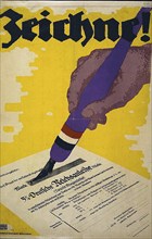 First World War 1914-1918. poster showing a hand holding a pen and signing a war bond certificate.