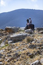 Traditional Kyrgyz eagle hunter in the mountains hunting on horseback, near Kysyl-Suu, Kyrgyzstan,