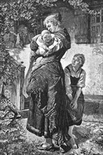 Mother with two children standing in the garden, Germany, 1887, Historical, digital reproduction of