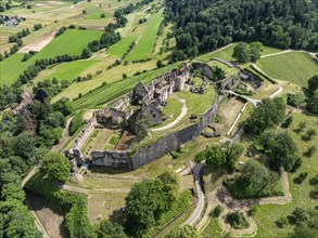 Aerial view of the ruins of Hochburg Castle, also known as Hachberg, 11th century, between