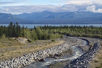 Stream leading down to Kluane Lake, mountains, wilderness, Alaska Highway, Yukon Territory, Canada,