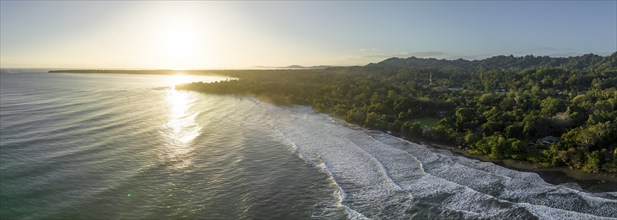 Aerial view, view of Cahuita National Park, coast and coastal landscape with forest, Punta Cahuita