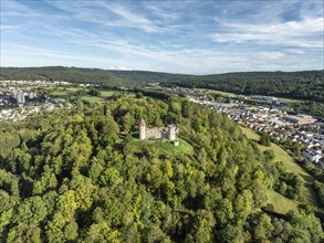 Aerial view of the Honburg castle ruins on the Honberg above the town of Tuttlingen, district of