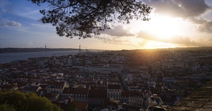 Scenic panoramic views of Lisbon and 25 of April bridge from Saint George Castle Sao Jorge lookout