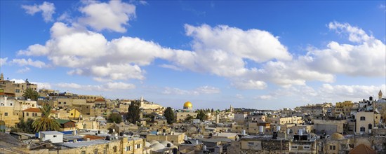 Panoramic skyline of Jerusalem Old City Arab quarter near Western Wall and Dome of the Rock