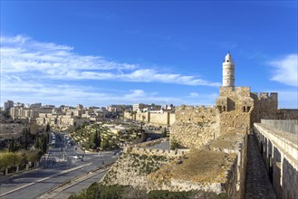 Panoramic skyline view of Jerusalem and arab and jewish neighborhood near historic center