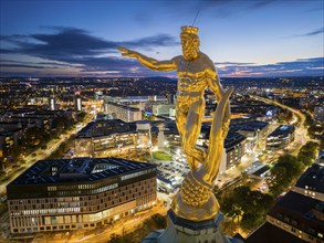 Town Hall with Town Hall Tower and Golden Man with Cornucopia by Richard Guhr, aerial view,