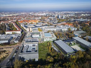 Research institutes on Nöthnitzer Straße in the Räcknitz neighbourhood of Südpark, aerial view,