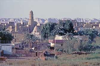 Mosque from the 9th century, mud-brick houses, main town Qasr, Oasis ad-Dachla, Libyan Desert,