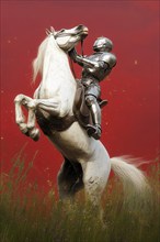 Cyborg soldier in full battle armor on rearing white horse, AI generated