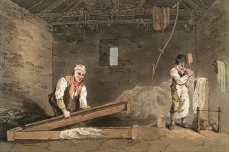 Scene from everyday life in England around 1810, textile worker. One man is breaking a cord with a