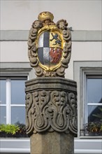 City coat of arms of Kulmbach on a fountain, Kulmbach, Upper Franconia, Bavaria, Germany, Europe