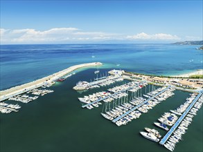 Port and Marina in Tropea from a drone, Tyrrhenian Sea, Calabria, Italy, Europe