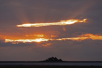 Sunset over Hallig Hooge, Warft, North Frisia, Schleswig-Holstein, Germany, Europe