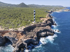 Aerial view of the lighthouse Far de sa Punta des Moscarter, Ibiza, Balearic Islands, Spain, Europe