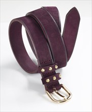 Leather belt in front of a white background, studio shot