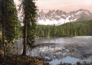 The lower Lake Carezza, South Tyrol, Italy, Historical, digitally restored reproduction from a 19th