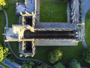 Top Down over Kirkstall Abbey from a drone, Kirkstall, River Aire, Leeds, West Yorkshire, England,