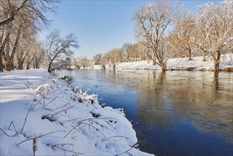 Landscape of the Donau with snowy trees in winter, Regensburg, Upper Palatinate, Bavaria, Germany,