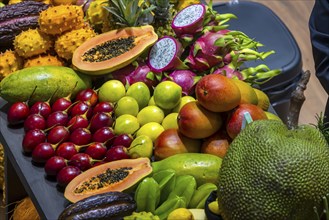 Exotic fruits, lychee, jackfruit, dragon fruit, mango and citrus fruits presented on a table,