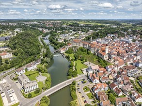 Aerial view of the town of Sigmaringen with the Danube and the Hohenzollern castle above the old