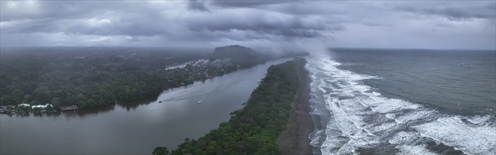 Aerial view, beach and sea, coast with rainforest, Tortuguero National Park, Costa Rica, Central