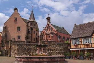 Castle and St Leo's Chapel on Place de Chateau St Leon, Eguisheim, Alsace, France, Europe