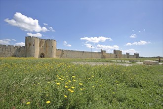 Historic town fortifications and town wall with town towers, town gates, Porte des Moulin,