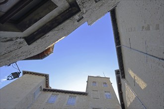 Courtyard of Château de Simiane, castle, view upwards, perspective, triangular, Chateau, Valréas,