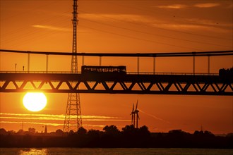 Traffic on the Rhine bridge Emmerich, federal road B220, evening light, with 803 m the longest