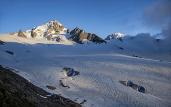 High alpine mountain landscape, summit of the Aiguille de Chardonnet and Glacier du Tour, glaciers